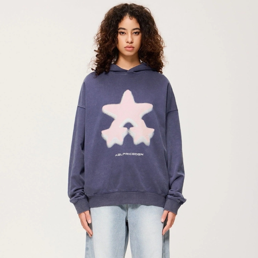 Aelfric Eden Blue and Pink Star Slouchy Hoodie Womens Small Medium Oversized